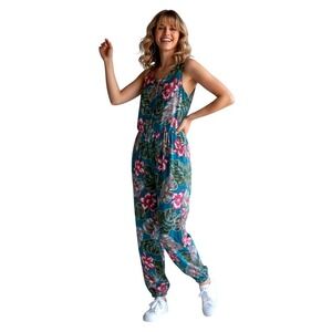 Island Connection Hawaii  Jumpsuit Teal Floral Sleeveless Button Front Size L